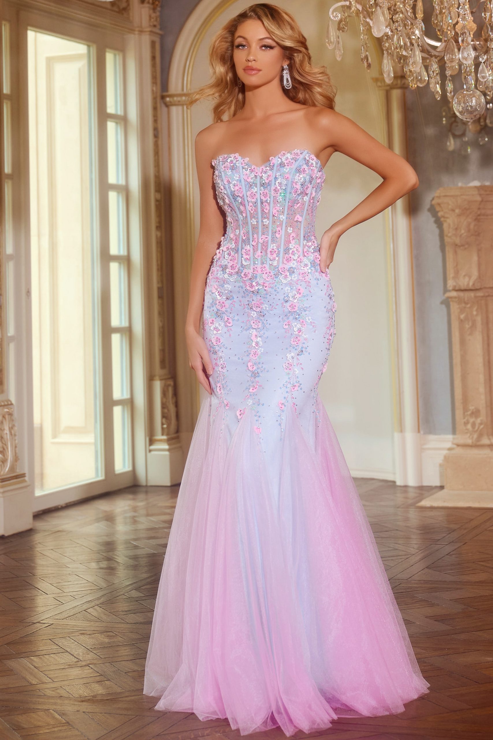 Elegant Floral Embellished Strapless Corset Gown 44211