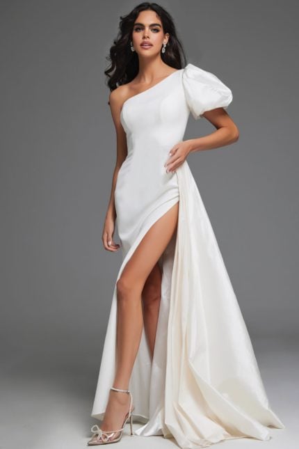 model wearing Jovani 44299 white one-shoulder gown front view