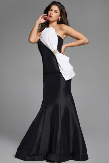 black and white evening ball gown with bow details.