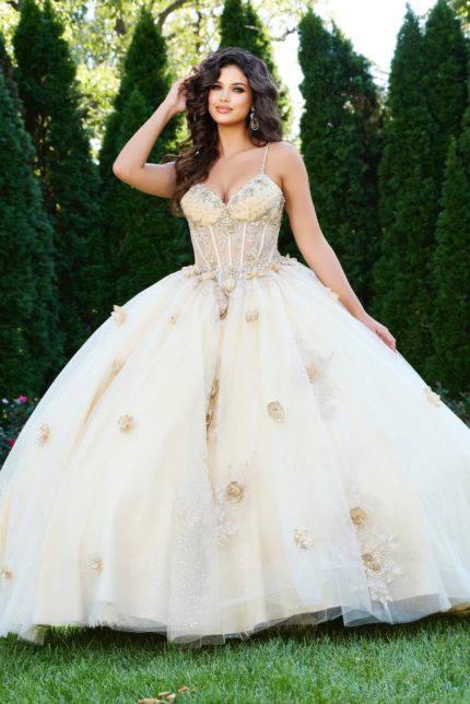 Model wearing Jovani 44559 ball gown with sweetheart neckline and floral details.