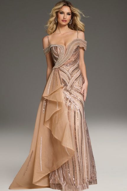 Model wearing Jovani 44843 in a full-length beige gown with beadwork and off-the-shoulder neckline.