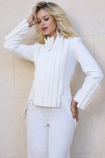 Close-up view of Jovani 44917 white structured jacket with pleated front.