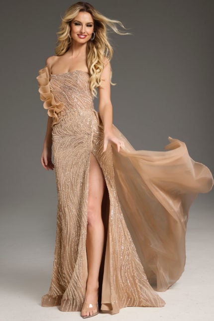 Model wearing Jovani 45071 beige gown with asymmetric neckline and high slit