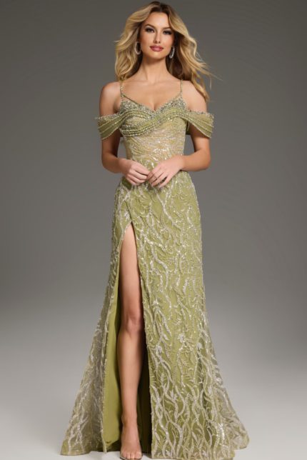 Model wearing Jovani 45072 green gown with sweetheart neckline in front view.