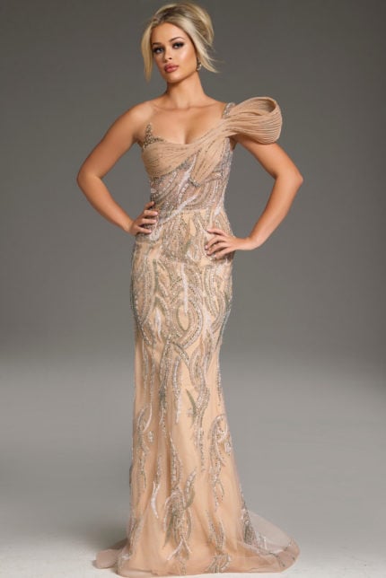 Model wearing Jovani 45073 with a one-shoulder neckline and detailed beadwork in beige.