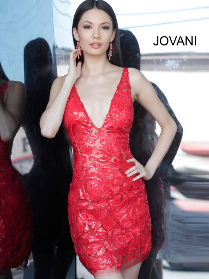 Model wearing Jovani 4552 Red Embellished Fitted Cocktail Dress