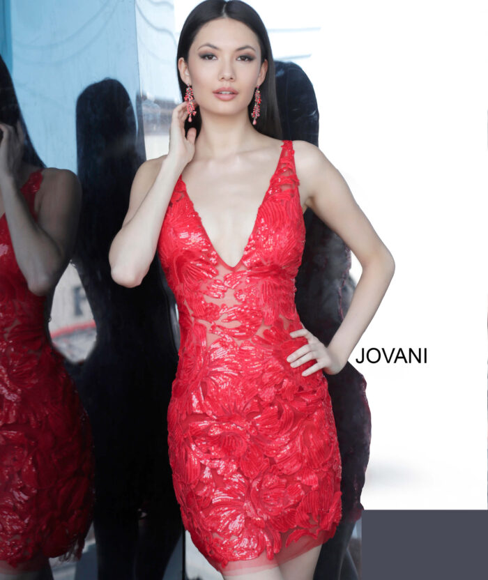 Model wearing Jovani 4552 Red Embellished Fitted Cocktail Dress
