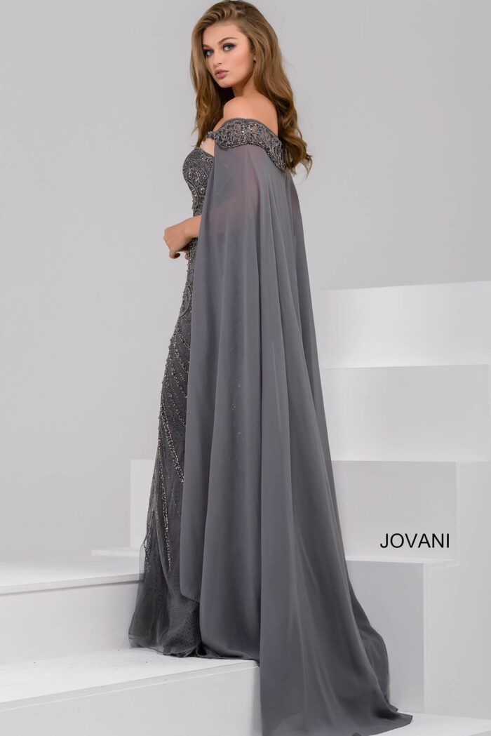 Model wearing Jovani 45566 Off the Shoulder Beaded Mother of the Bride Dress