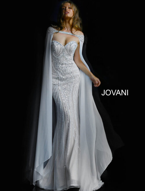 Model wearing Jovani 45566 Ivory off the Shoulder Embellished Wedding Dress