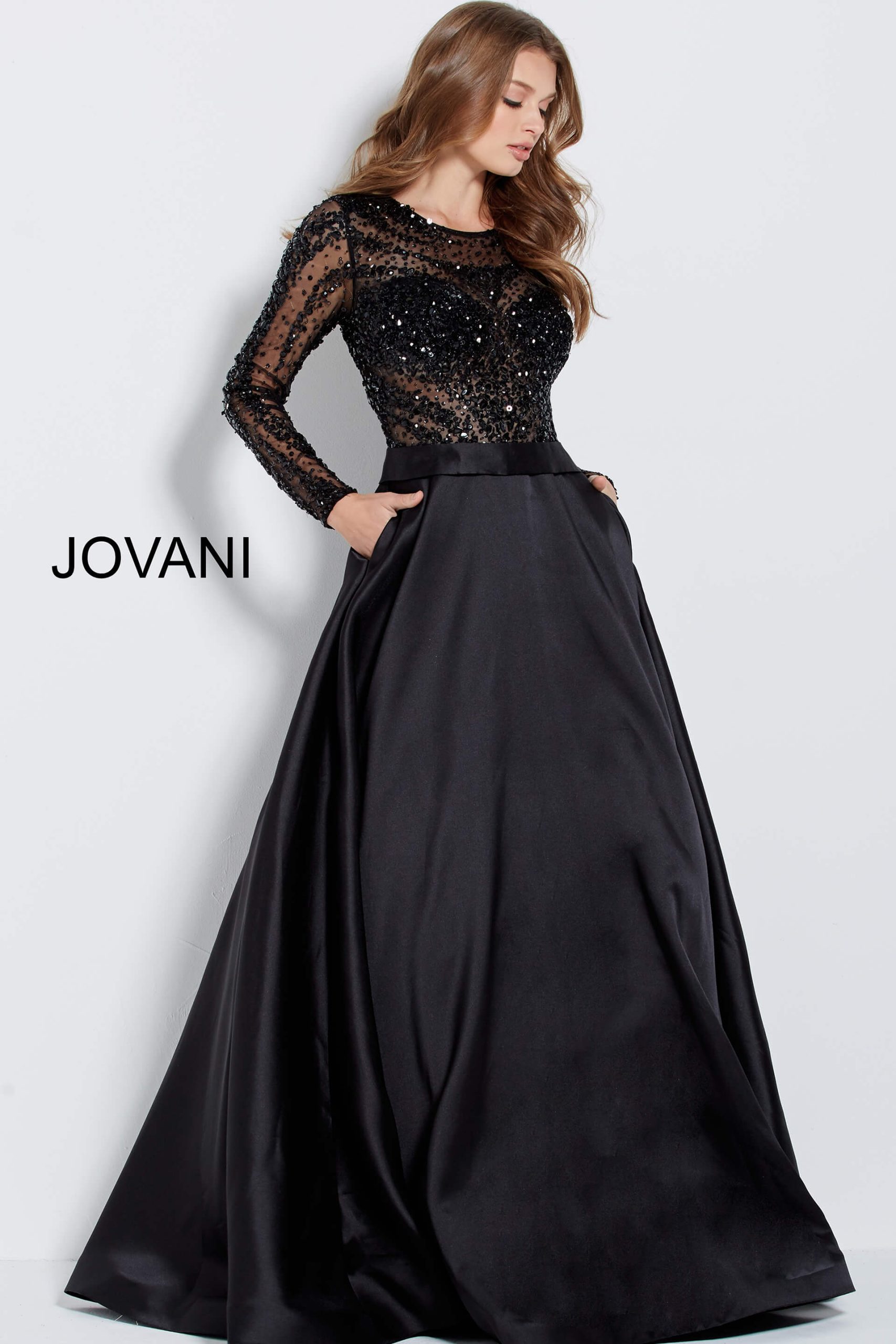 Jovani 46066 Black Beaded Bodice Long Sleeve Ballgown