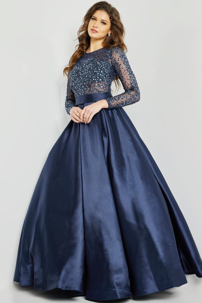 Navy Beaded Long Sleeve Ballgown 46066