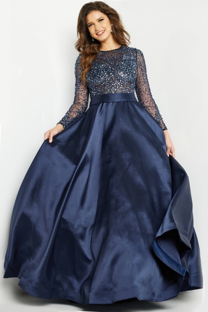 Model wearing Navy Beaded Long Sleeve Ballgown 46066