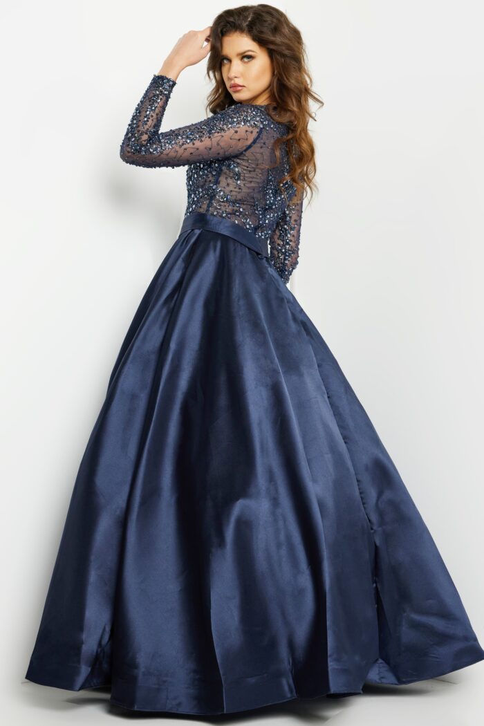 Model wearing Navy Beaded Long Sleeve Ballgown 46066