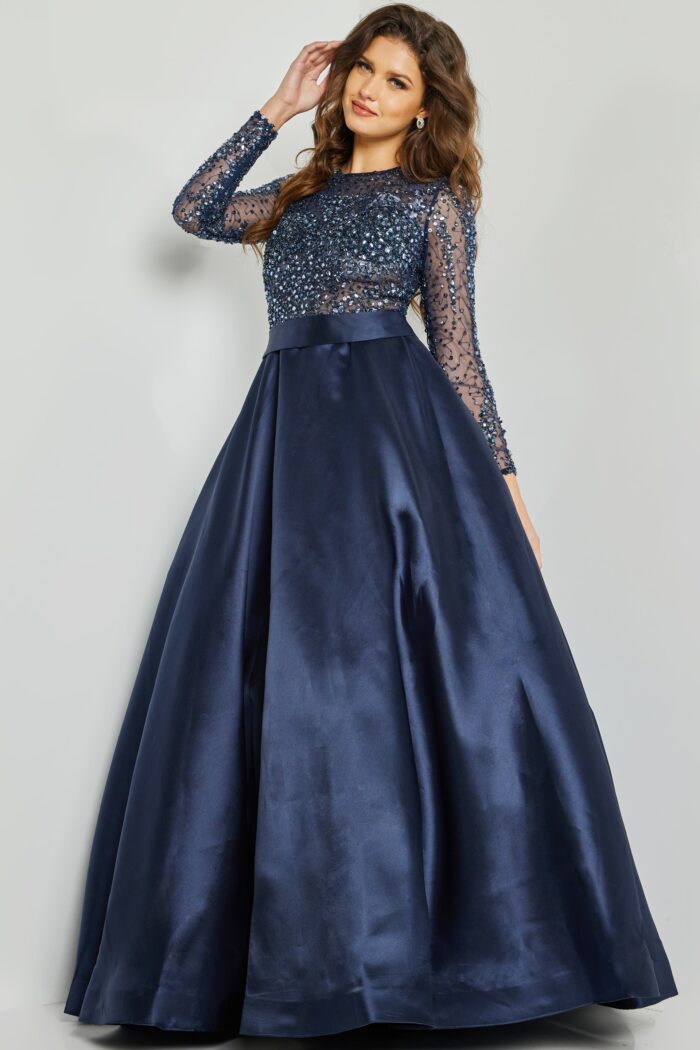 Model wearing Navy Beaded Long Sleeve Ballgown 46066