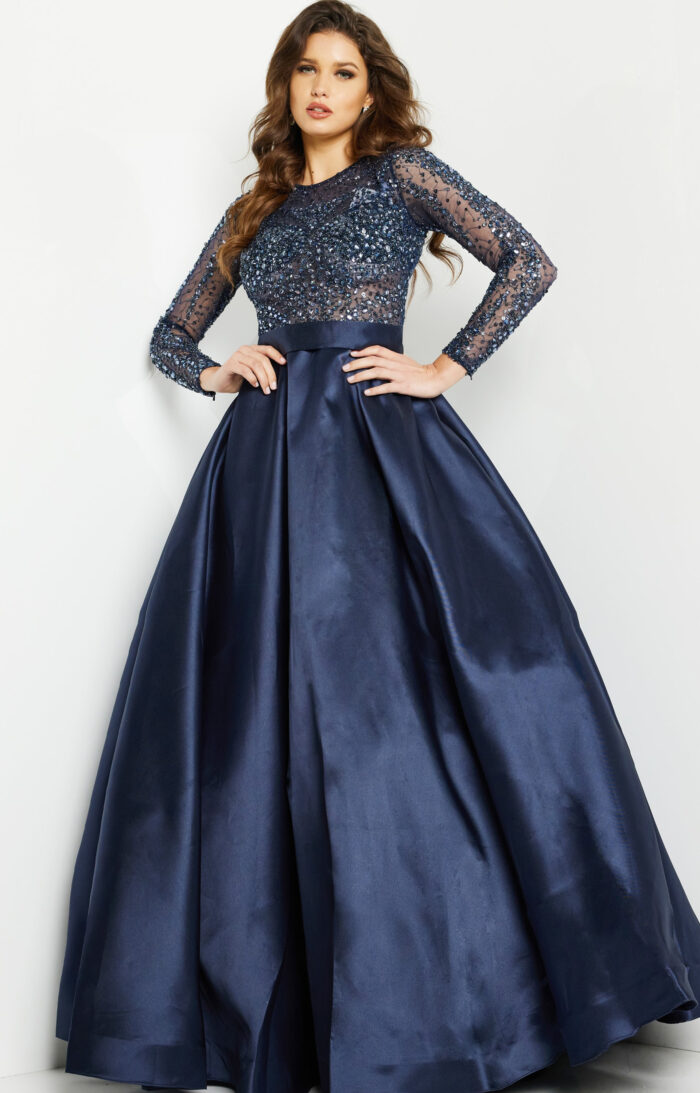 Model wearing Navy Beaded Long Sleeve Ballgown 46066