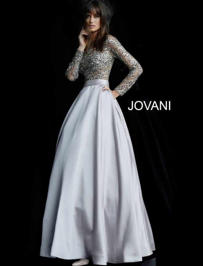 Model wearing Jovani 46066 Black Beaded Bodice Long Sleeve Ballgown