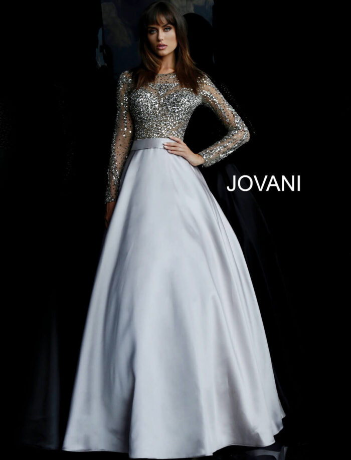Model wearing Jovani 46066 Black Beaded Bodice Long Sleeve Ballgown