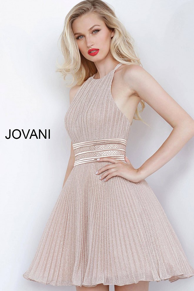 Jovani rose gold high neck flared dress 