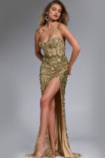 gold beaded dress with high slit 46714