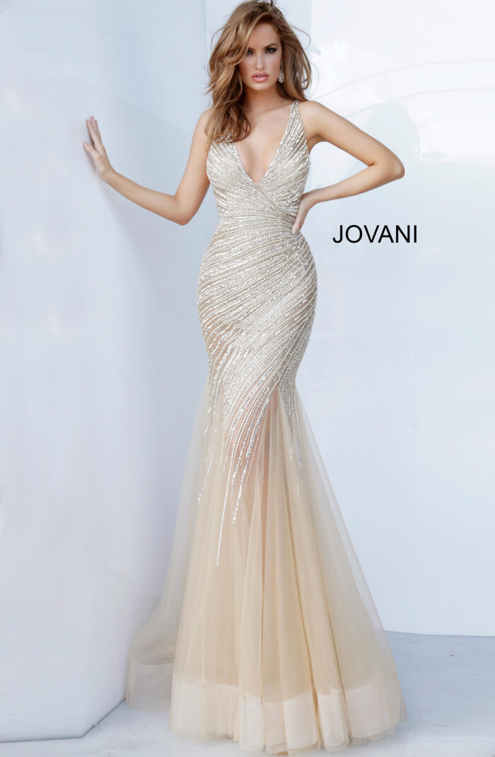 Model wearing Jovani 4741 Beaded Mermaid Prom Gown