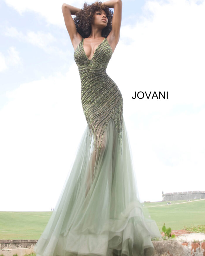 Model wearing Jovani 4741 Beaded Mermaid Prom Gown