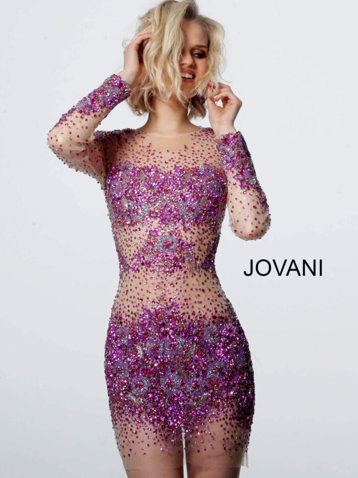 Model wearing Jovani 47598 Nude Fuchsia Sheer Beaded Long Sleeve Short Dress 