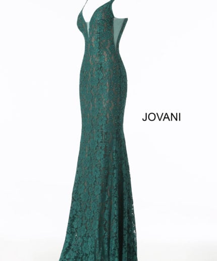 Model showing back of Jovani 48994 in emerald lace.