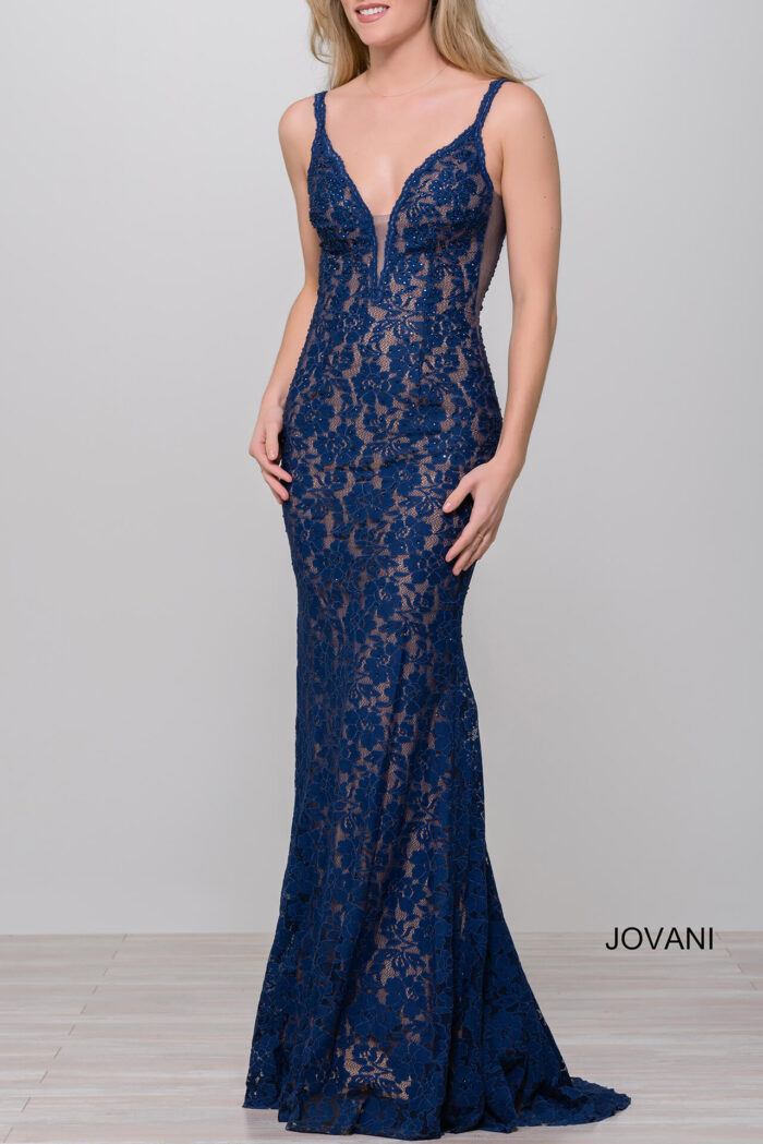 Model wearing Perri Lace Fitted Jovani Prom Dress 48994