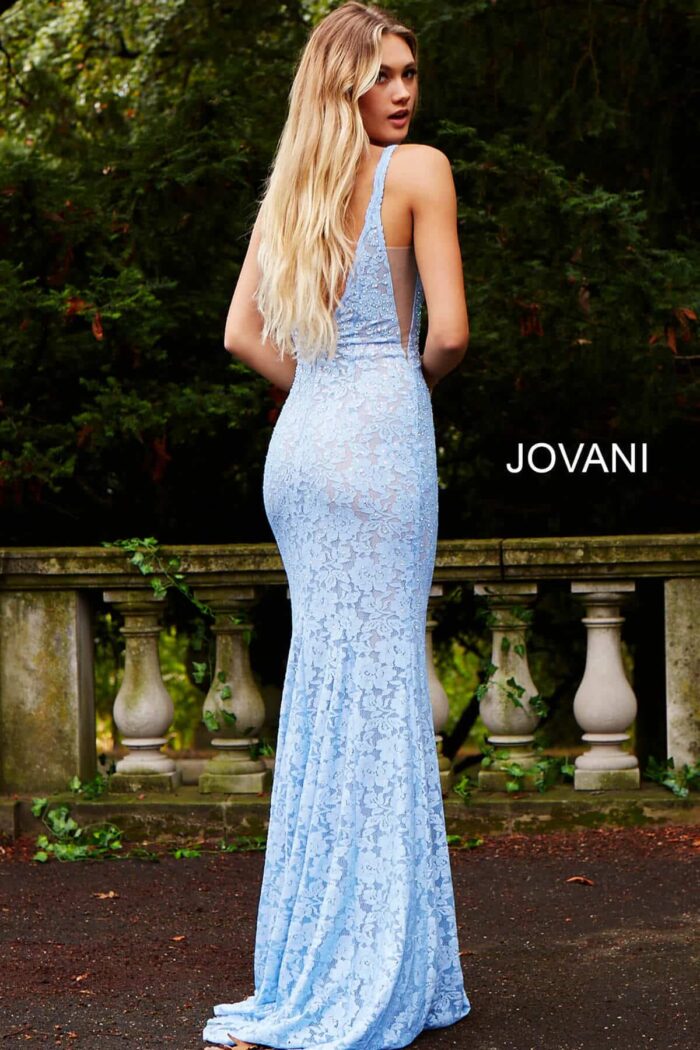Model wearing Perri Lace Fitted Jovani Prom Dress 48994
