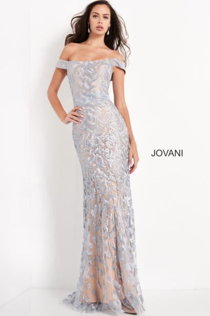 model wearing Jovani 49634 in light blue with off-the-shoulder neckline and floral lace overlay