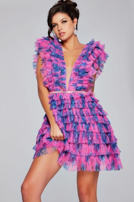 Model wearing Jovani 50069 fuchsia ruffled dress front view