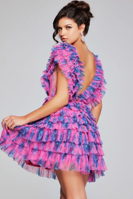 Model wearing Jovani 50069 fuchsia ruffled dress back view