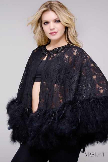 model wearing Maslavi M50364 black lace and feather trim cape dress, front view