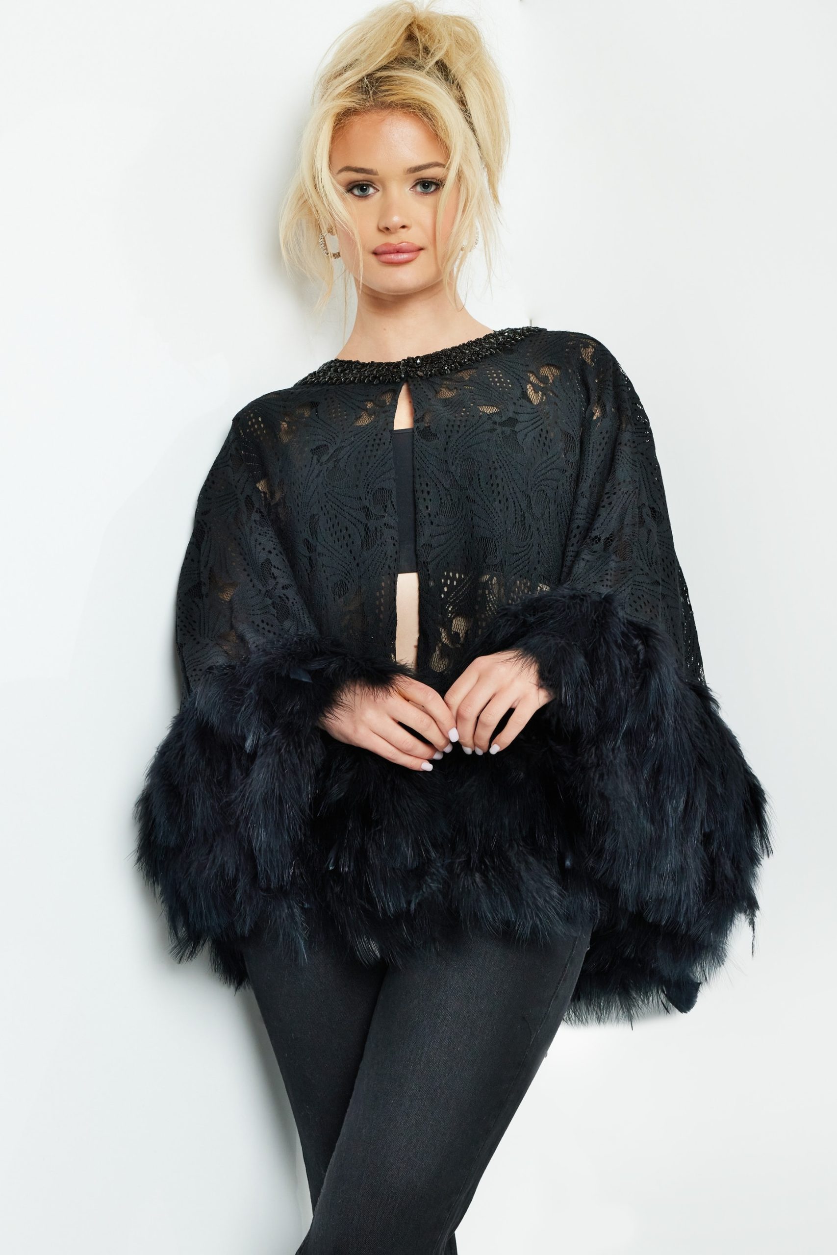 Lace Cape with feather Trim 50364