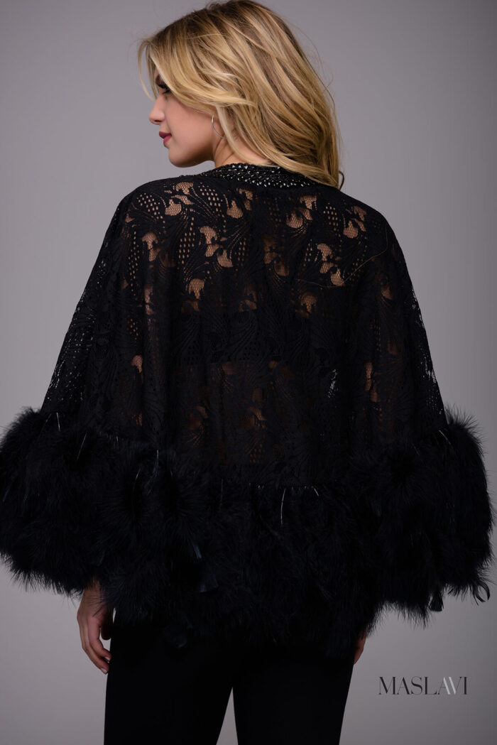 Model wearing Black Lace Embellished Neck on Trend Cape by Jovani M50364