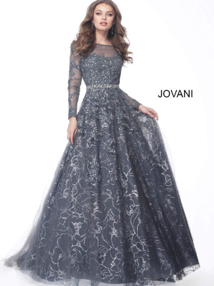 Model wearing Jovani 51838 elegant gunmetal gray gown with illusion neckline and long sleeves from the front view.