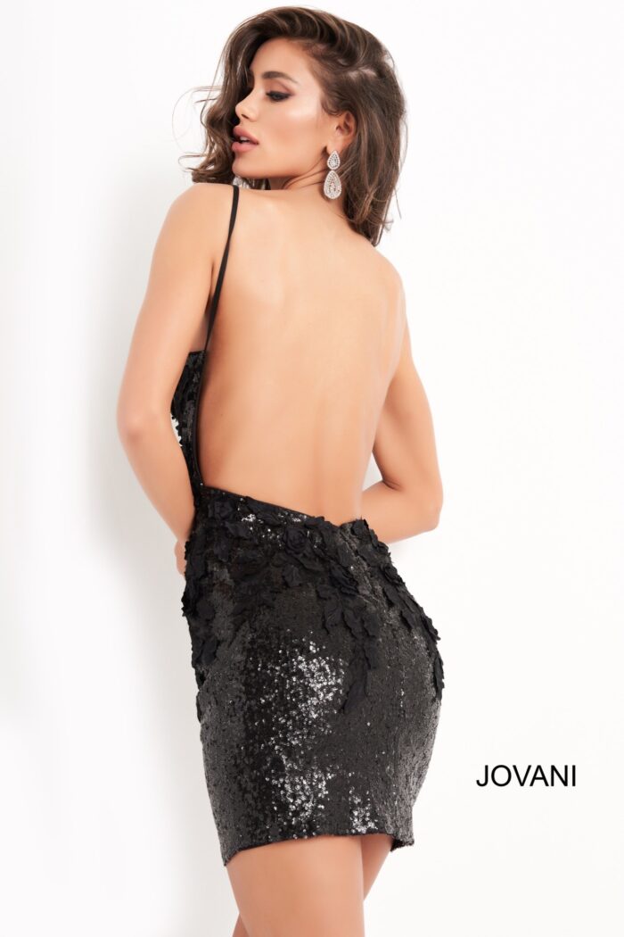 Model wearing Jovani 05282 Black Floral Embellished Homecoming Dress