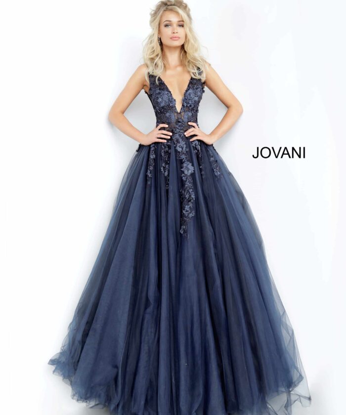Model wearing Jovani 55634 Off White Floral Tulle Ballgown