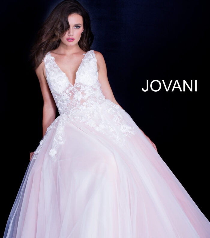 Model wearing Jovani 55634 Red Floral Appliques Dress 2023
