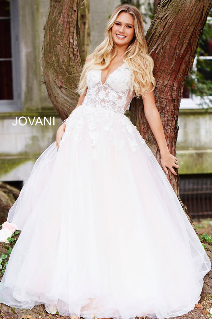 Model wearing Jovani 55634 Red Floral Appliques Dress 2023