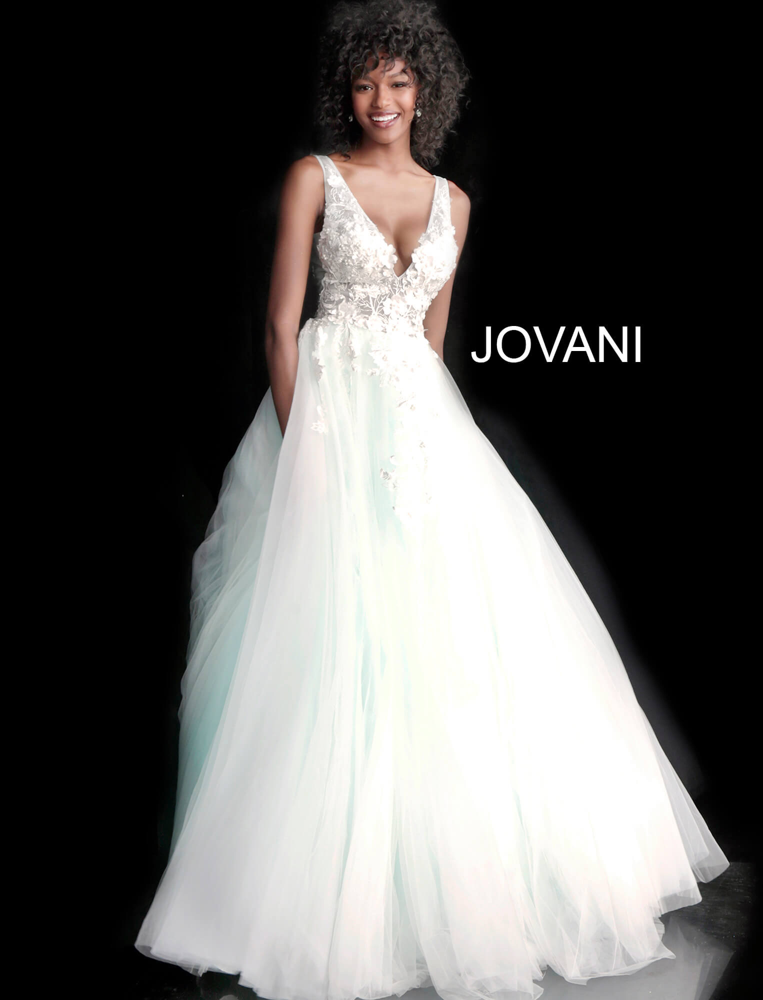 Jovani 55634 Off White Floral Tulle Ballgown