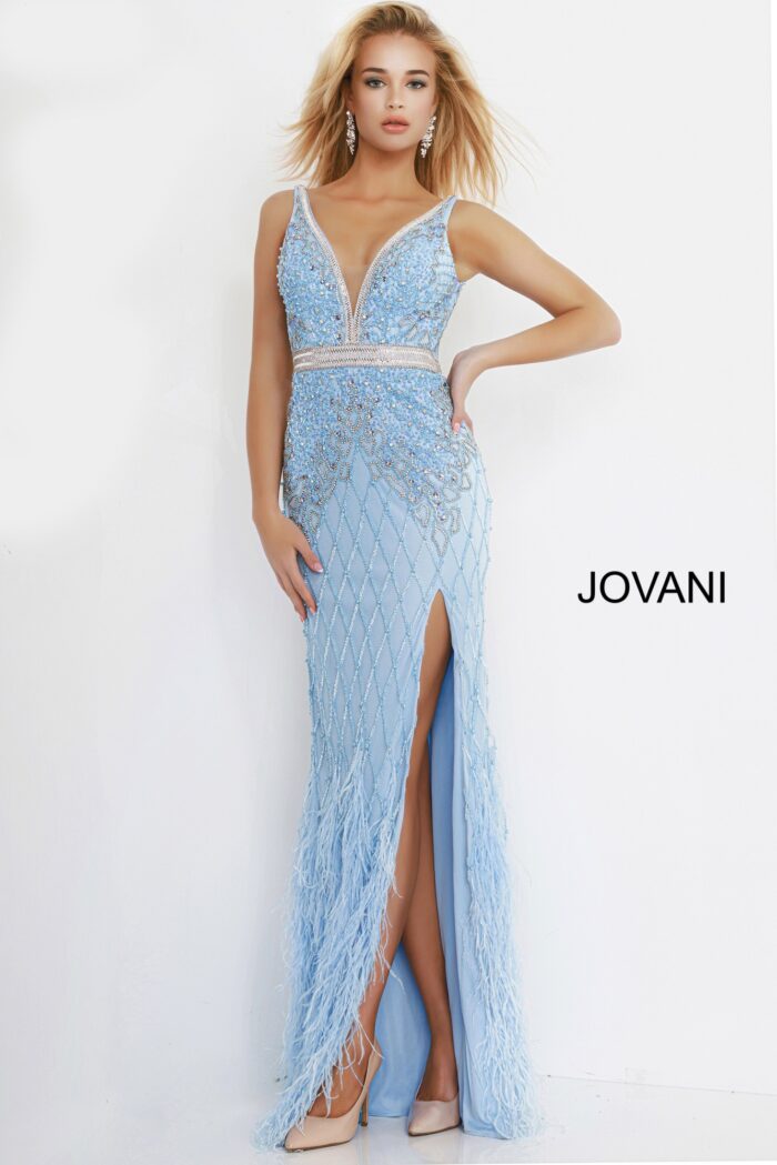 Model wearing Ivory Embellished V Neck Fitted Jovani Dress 55796
