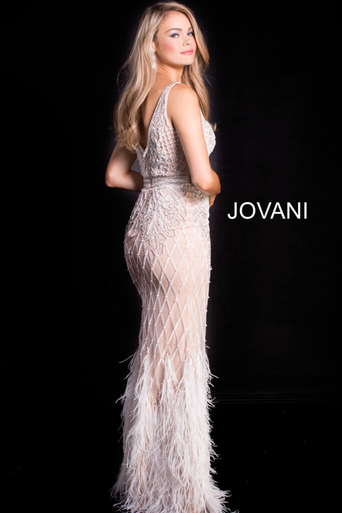 Ivory Embellished V Neck Fitted Jovani Dress 55796