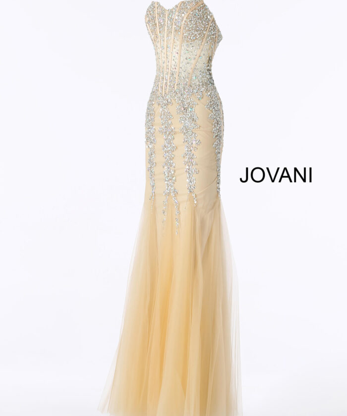Model wearing Plus Size Dress Jovani 5908 Cloud Blue Strapless Embellished