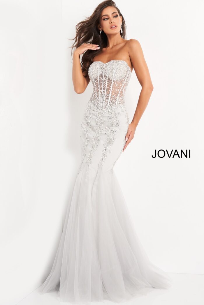 Model wearing Jovani 5908 Hot Pink Embellished Strapless Dress