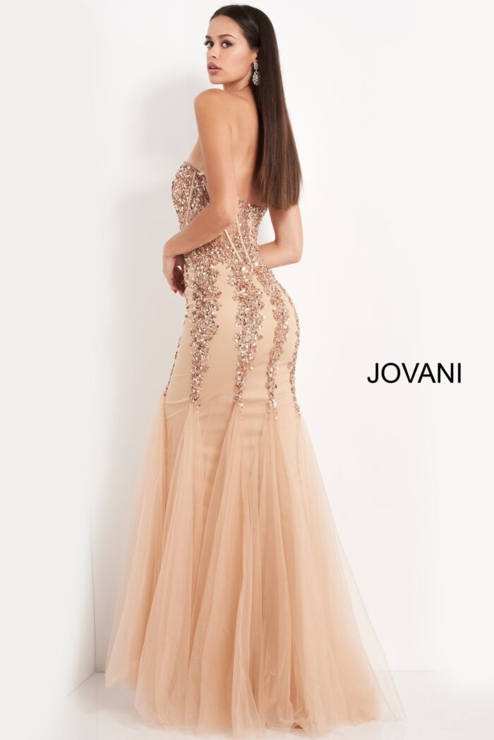 Model wearing Jovani 5908 Hot Pink Embellished Strapless Dress