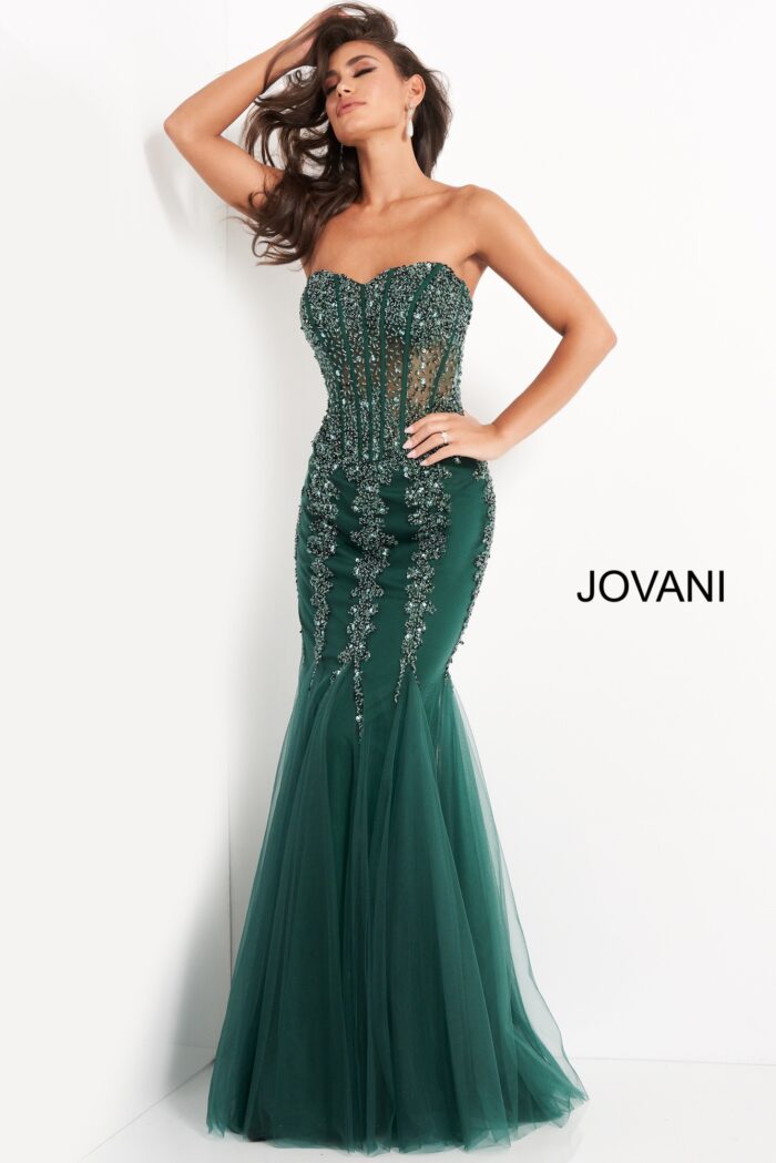 Model wearing Plus Size Dress Jovani 5908 Cloud Blue Strapless Embellished