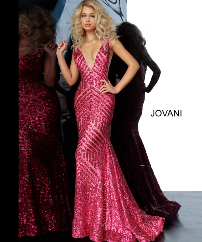 Model wearing Jovani 59762 Sequin Embellished V Neck