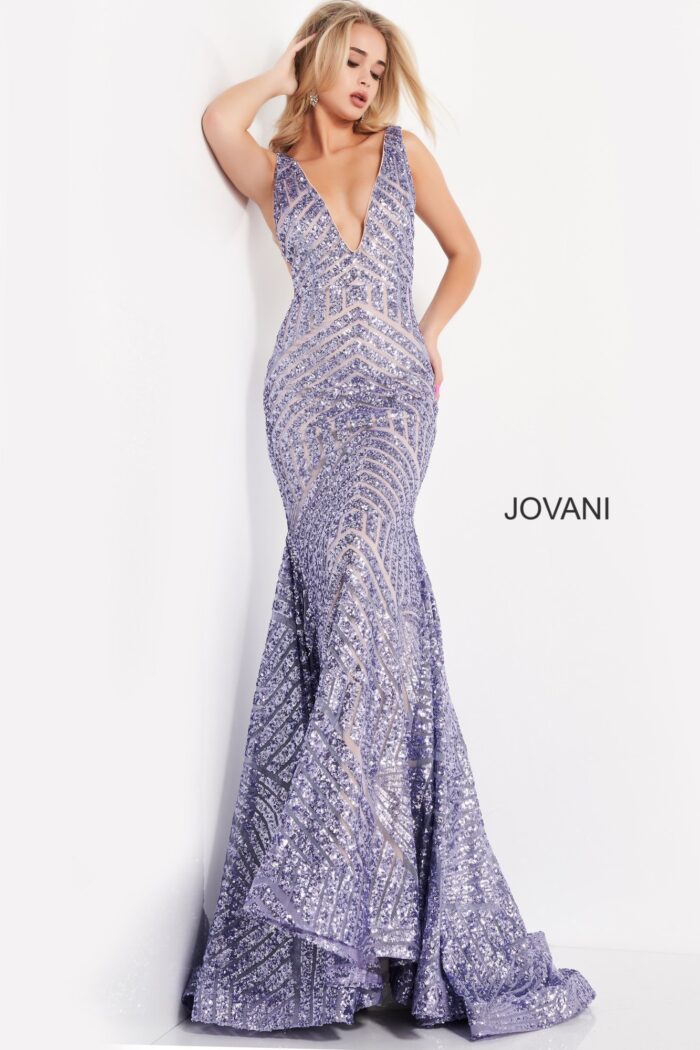 Model wearing Jovani 59762 Low V Neck Sequin Sheath Dress