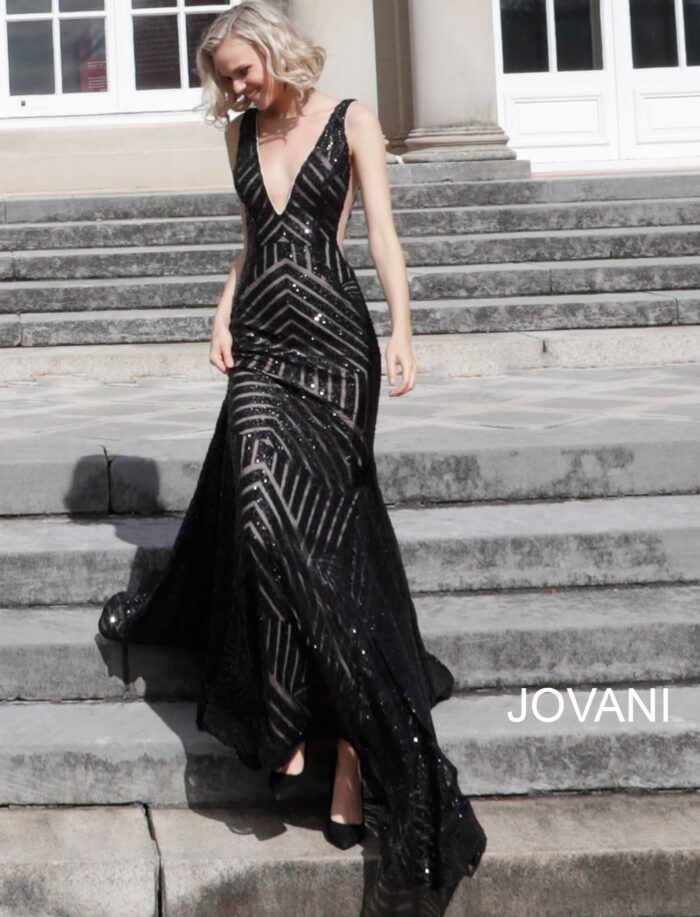 Model wearing Jovani 59762 Embellished Sexy Low V Party Dress